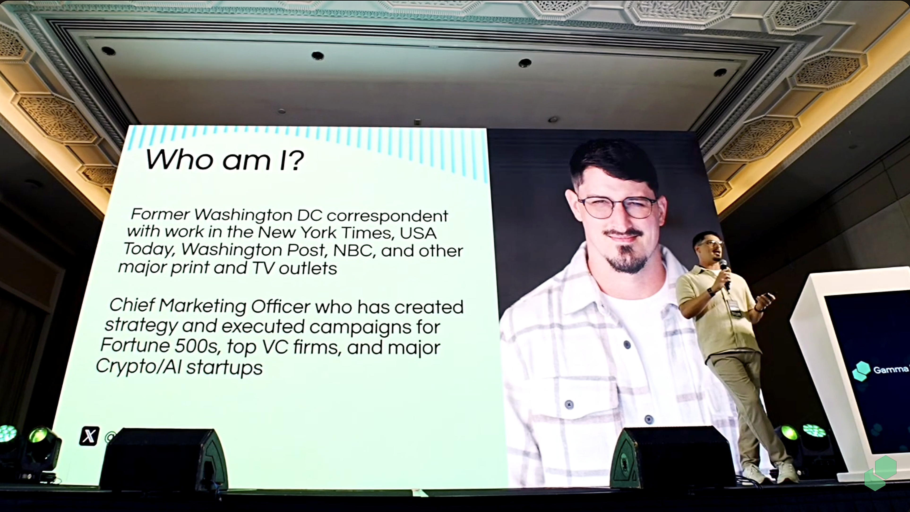Nick Fouriezos on stage in a high authority speaking environment